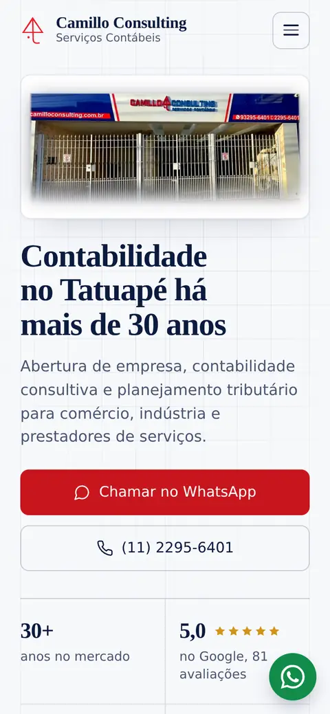 Primeira tela do site da Camillo Consulting no celular
