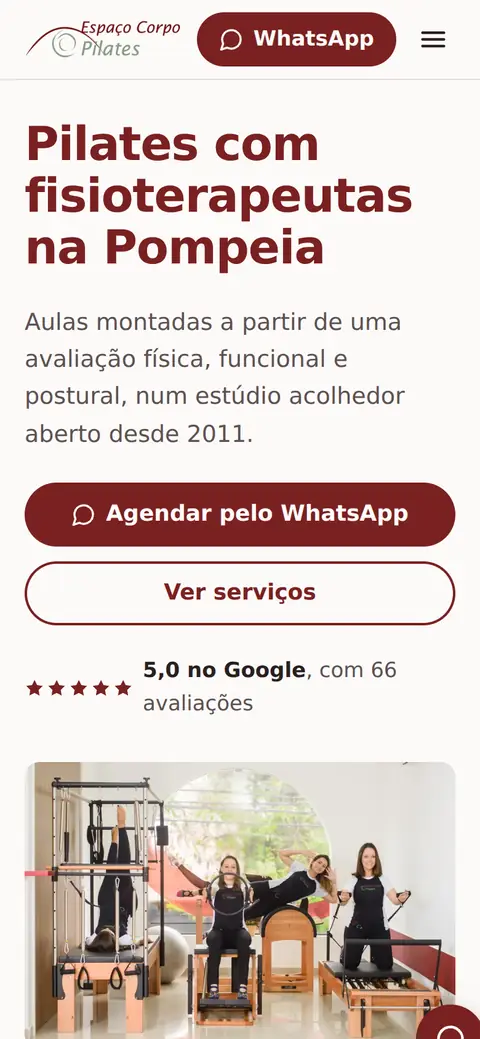 Primeira tela do site da Espaço Corpo Pilates no celular
