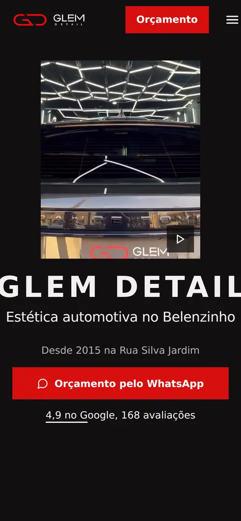 Primeira tela do site da Glem Detail no celular
