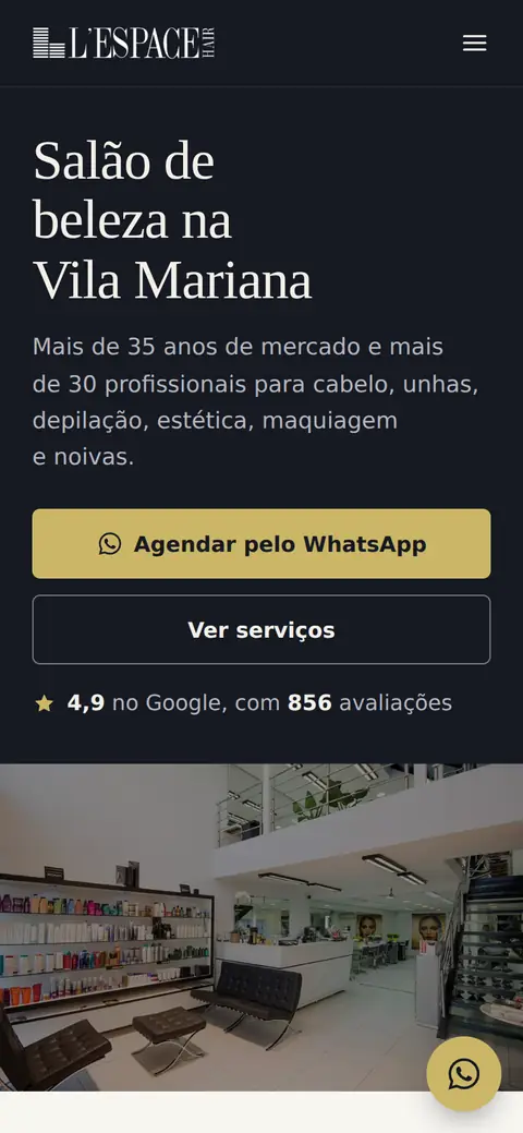 Primeira tela do site da L'Espace Hair no celular