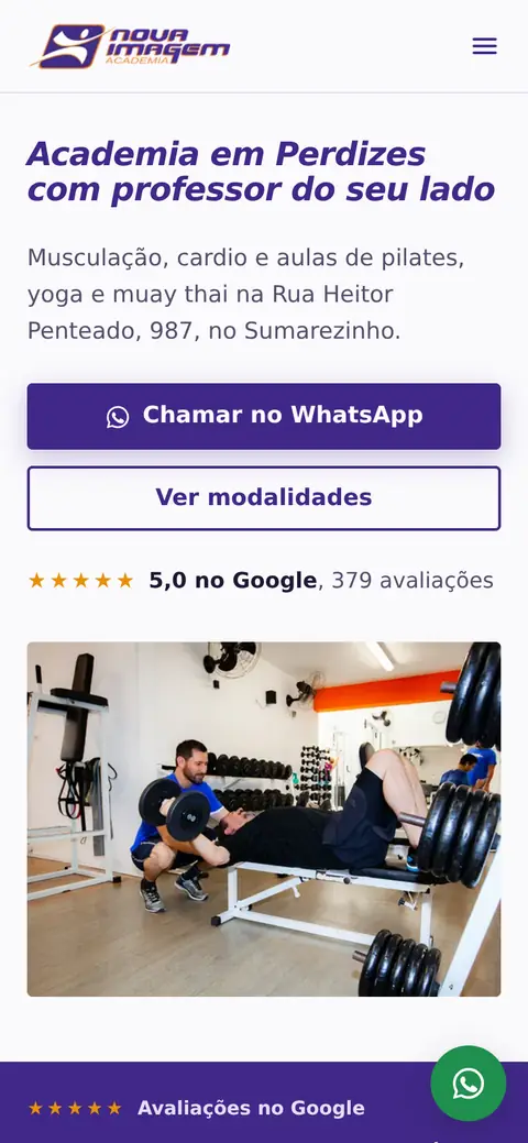 Primeira tela do site da Academia Nova Imagem no celular