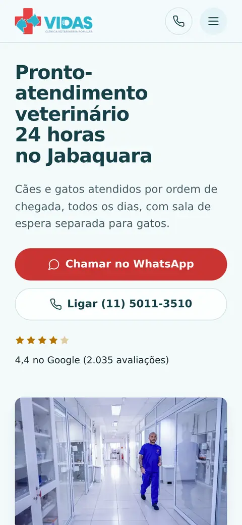 Primeira tela do site da Clínica Veterinária Popular Vidas no celular